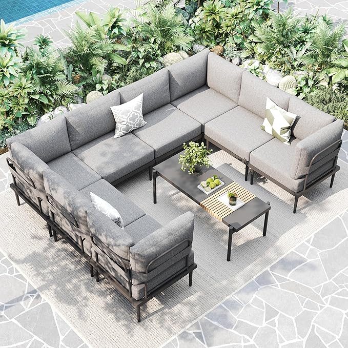 Metal Patio Furniture Set, 9 Pieces Outdoor Sectional Couch Sets with Coffee Table, U Shaped Outdoor Conversation Set with 6" Thick Cushion for Deck, Patio & Courtyard (Gray)