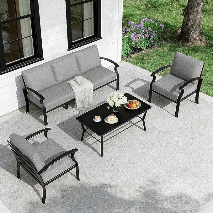 Gotland Aluminum Patio Furniture Set with Rectangular Coffee Table, Metal Patio Furniture with 5 Seats Waterproof 5.1'' Seat Cushions, Outdoor Sectional Patio Conversation Sets for Balcony Grey