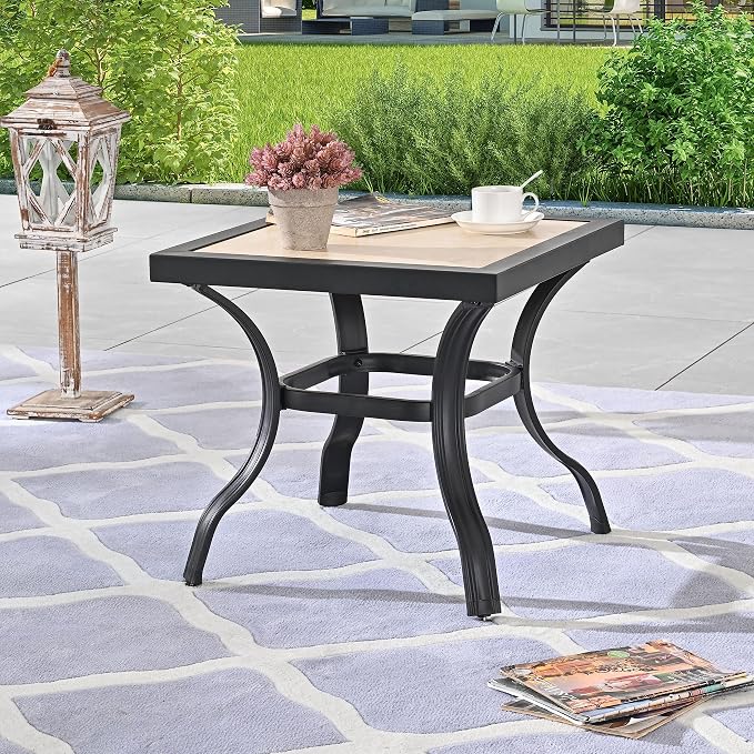 LOKATSE Home 21" Outdoor Square Patio Bistro End Table Metal Steel Legs with Ceramics Top, Black