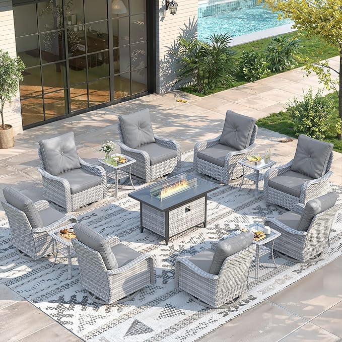 13 Piece Wicker Patio Furniture Set with 55,000 BTU Fire Pit Table, Swivel Rocking Chairs, 4''Cushions, PE Rattan, Wind Guard Glass, for Backyard, Deck or Balcony, Grey