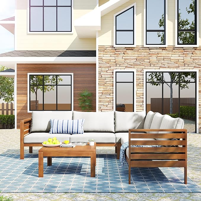 Patio Furniture 4 Pieces Conversation Sets, Acacia Wood Outdoor Sectional Furniture Conversation Sets with Cushions and Coffee Table for Garden Backyard Balcony and Porch (Beige)