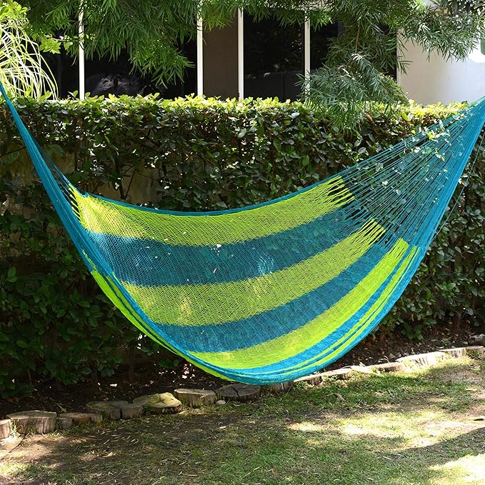 NOVICA Bright Yellow Teal Striped Hand Woven Nylon Mayan 1 Person Rope Hammock with Hanging Accessories, 'Neptune' (Single)