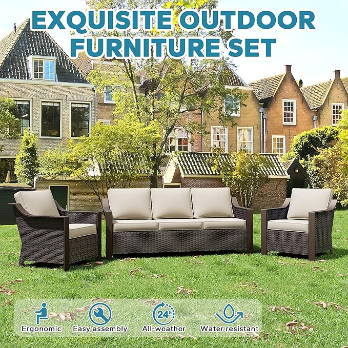 3 Pieces Outdoor Patio Conversation Furniture Set - 75" 3-seat Sofa | 2 Wicker Chairs, Metal Wicker Couch, Removable Cushions, PE Rattan, Metal armrests, Yard (Beige and Brown Stripe)