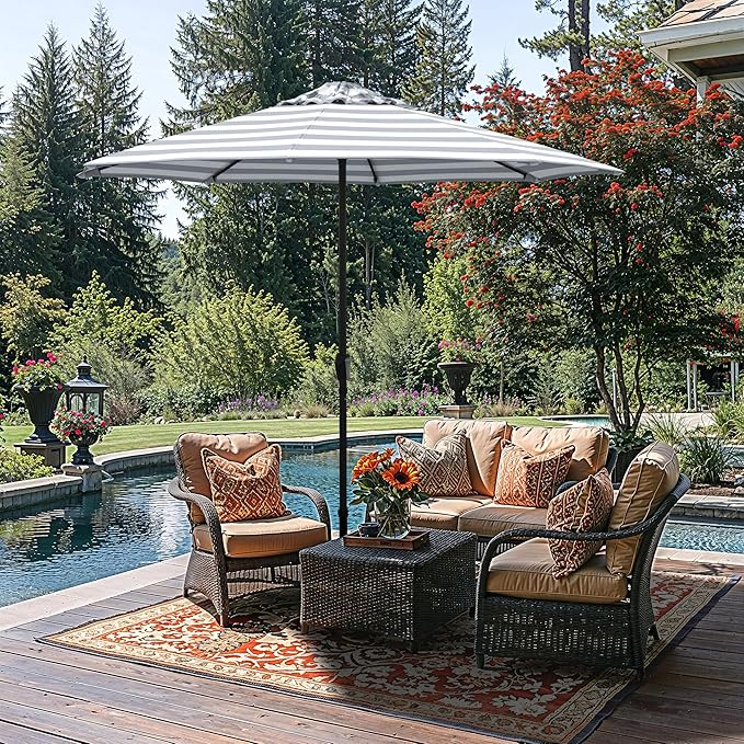 California Umbrella 8-Year Protection 9 Ft Outdoor Patio Umbrella, Solstice Fade-Resistant Fabric, Auto-Tilt, Heavy Duty Aluminum Frame, 8 Reinforced Ribs for Pool or Deck, Black Pole, Gray White Cabana Stripe