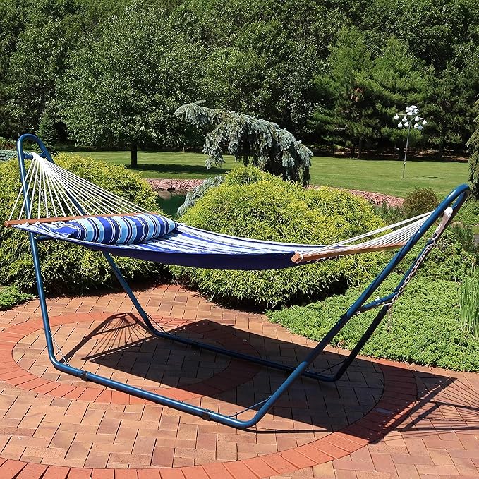 Sunnydaze Double Quilted Fabric Hammock with Universal Steel Stand - 450-Pound Capacity - Blue Stand - Catalina Beach