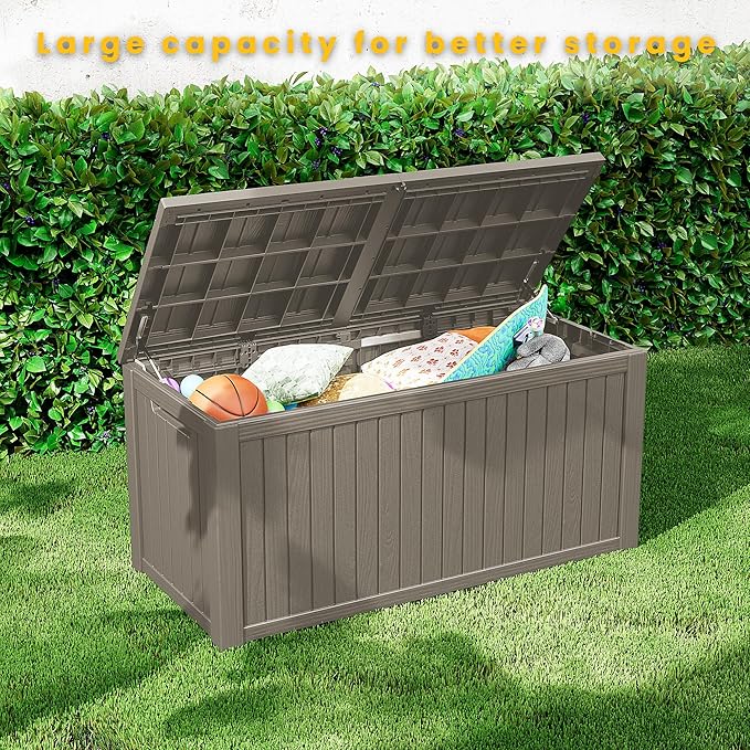 200 Gallon Outdoor Deck Box, Lockable Waterproof Outdoor Storage Boxes For Garden Tools,Indoor Cushions,Accessories Outside Storage Resin Weatherproof Container, Gray