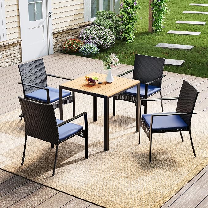 5 Piece Patio Dining Set, Wicker Outdoor Table and Chairs with Umbrella Hole ＆ Soft Cushion, Patio Furniture Set for Backyard, Garden, Poolside, Deck - Black＆Blue