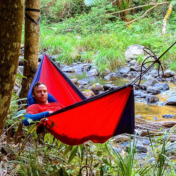 Hammock Bliss Single - Camping Hammock - Camping Essentials, Portable Hammock - The Longest Single Hammock On Earth for Outside, Hiking, and Travel (Navy/Red)