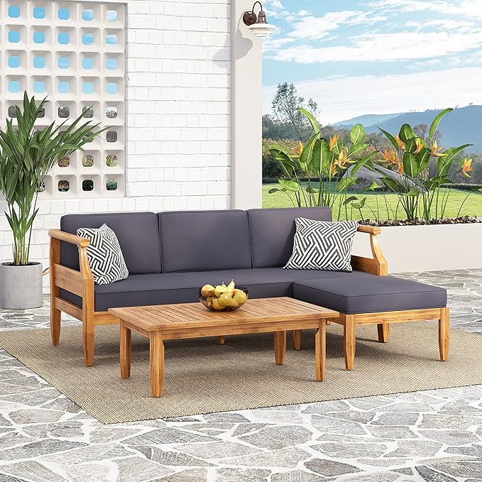 Christopher Knight Home Aston Outdoor 3 Seater Sofa Chat Set with Ottoman - Acacia Wood - Teak/Dark Gray