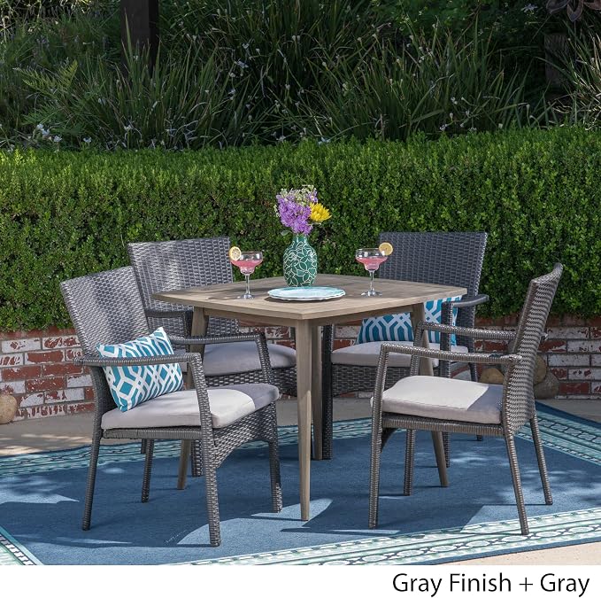 Christopher Knight Home Leah Outdoor 5 Piece Wood and Wicker Dining Set, Gray Finish/Gray