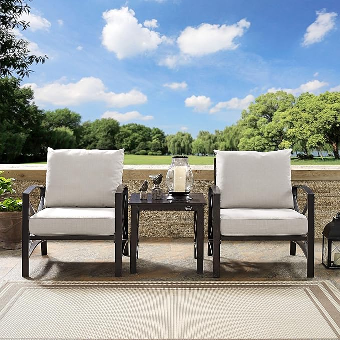 Crosley Furniture Kaplan 3-Piece Outdoor Chair and Side Table Set, Patio Conversation Sets for Porch, Deck, Oiled Bronze with Oatmeal Cushions