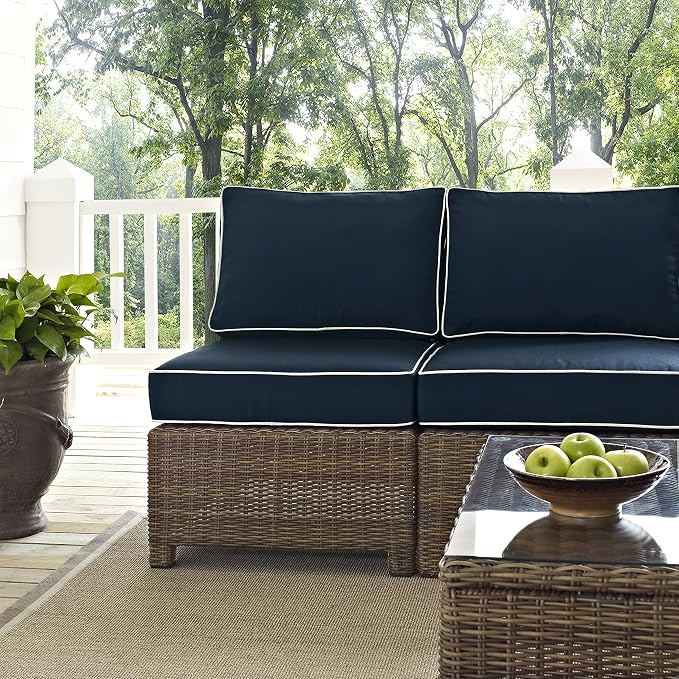 Crosley Furniture Bradenton 5-Piece Outdoor Sectional Sofa Wicker Conversation Patio Furniture Set for Deck, Brown with Navy Cushions