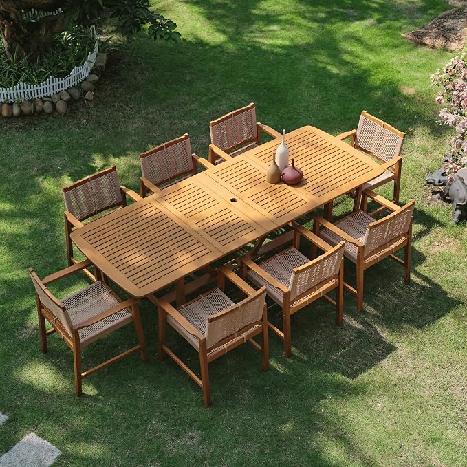 NTC Flexa Extendable Outdoor Dining Table, 63"–94.5" Solid Wood Patio Table for Patio Dining Sets with 8 Luno Chairs Weather Resistant, Easy Assembly, Natural