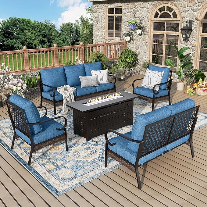 Patio Furniture Set with Fire Pit Table, Metal Outdoor Conversation Set with 2 x Fixed Chairs, 1 x Loveseat, 1 x 3-Seat Sofa and Gas Fire Pit Table for Lawn Garden Backyard, Pacific Blue