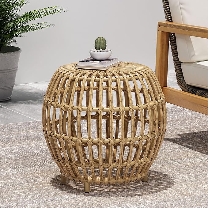 Side Table-Bohemian Faux Rattan Weave Accent Table for Indoor Outdoor Use, Handcrafted Round Side Table for Living Room, Patio, Garden,Light Brown Color