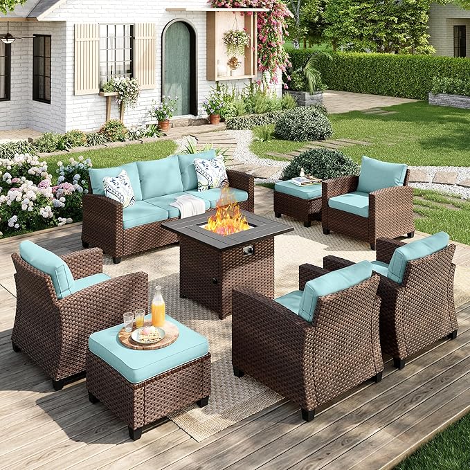 Patio Furniture Set, 8 Pcs Wicker Rattan Outdoor Conversation Set, 4 x Leg Chairs, 1 x 3 Seater Sofa and 2 x Ottoman with 4" Thick Cushion and 32" Fire Pit Table, Blue