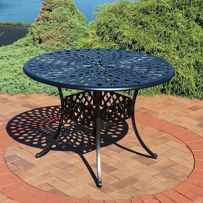 Sunnydaze Decorative Crossweave Cast Aluminum Patio Dining Table with Umbrella Hole - 41-Inch Diameter