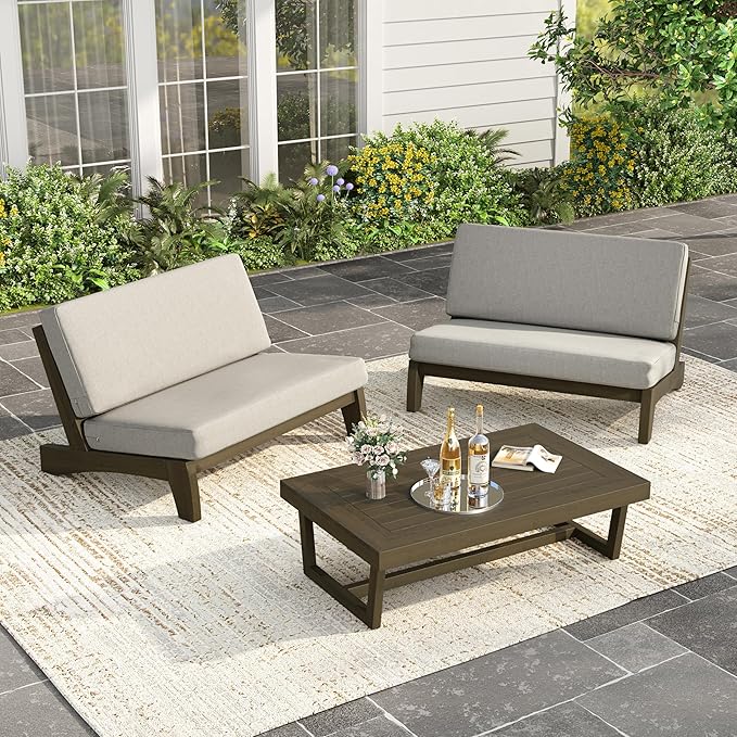 UIXE Wood Patio Furniture Sets, 3 Pieces All Weather Patio Loveseat Sofa Outdoor Sectional Futniture Backyard Conversation Set with Solid Wooden Coffee Table - Light Camel