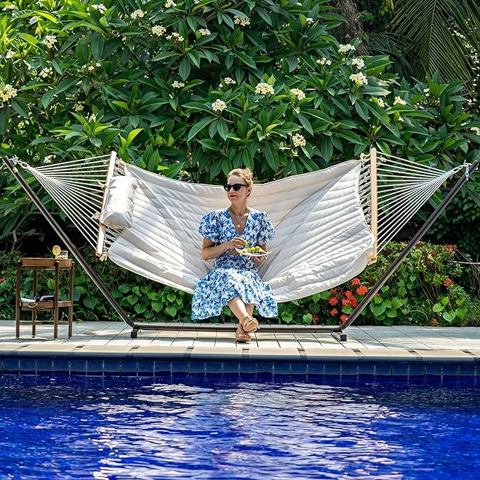 Lazy Daze Hammocks 2 Person Portable Hammock with 12FT Stand, Double Hand Woven Cotton Rope Hammock with Detachable Quilted Pad & Pillow for Outside, 450lb Capacity, Natural