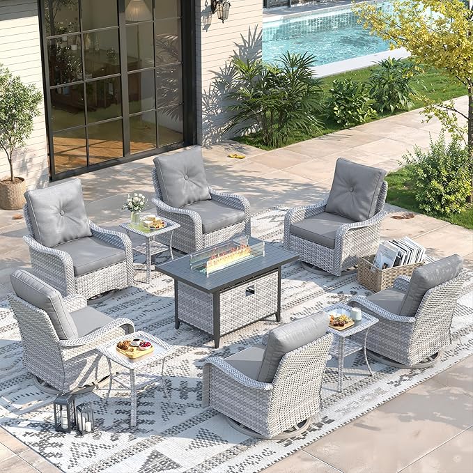 10 Piece Wicker Patio Furniture Set with 55,000 BTU Fire Pit Table, Swivel Rocking Chairs, 4''Cushions, PE Rattan, Wind Guard Glass, for Backyard, Deck or Balcony, Grey