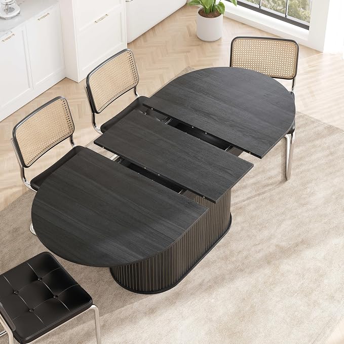 55.11"-70.86" Extendable Dining Room Table, Oval Dining Table Set for 4 People, Mid Century Modern Dining Table for Gatherings, Meeting, Small Kitchens, Dining Office Areas, Black