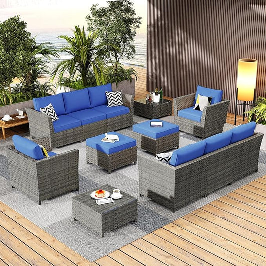 12 Pieces Outdoor Furniture Patio Sectional Sofa Couch Gray PE Wicker Conversation Sets with Ottomans Glass Coffee Table for Garden Poolside Backyard