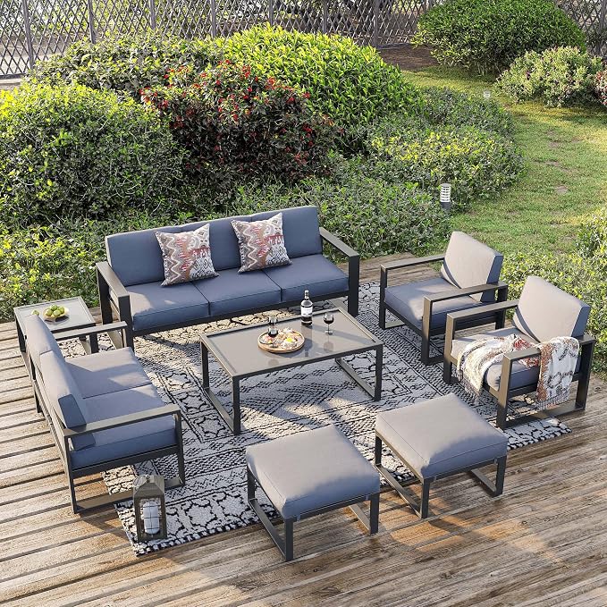 Green4ever Aluminum Patio Furniture Set, 8 Pieces Modern Outdoor Conversation Set All-Weather Metal Sectional Couch Sofa Upgraded Foam-Filled Cushions with Ottoman and Coffee Table (Grey)