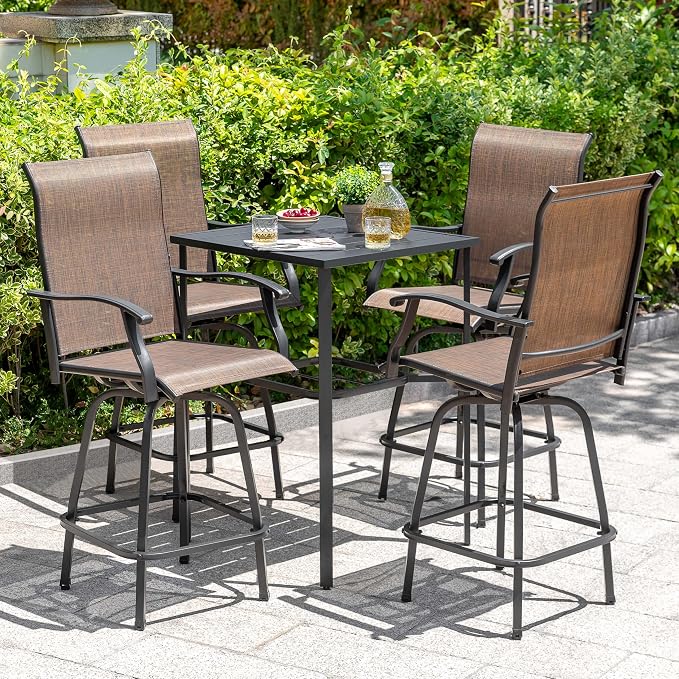 NUU GARDEN 5 Piece Outdoor Swivel Bar Set, All Weather Patio High Bar Stool Bistro Set with Textilene Height Back Bar Chairs and Slatted Metal Bar Table with Umbrella Hole, Black and Brown