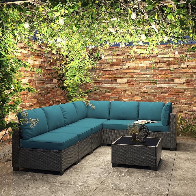 7 Piece Outdoor Patio Furniture Set, PE Rattan Conversation Sofa Set, Wicker Patio Set w/Thick Cushions & Glass Top Coffee Table, All-Weather Outside Furniture for Garden, Balcony, Porch(Dark Curry)