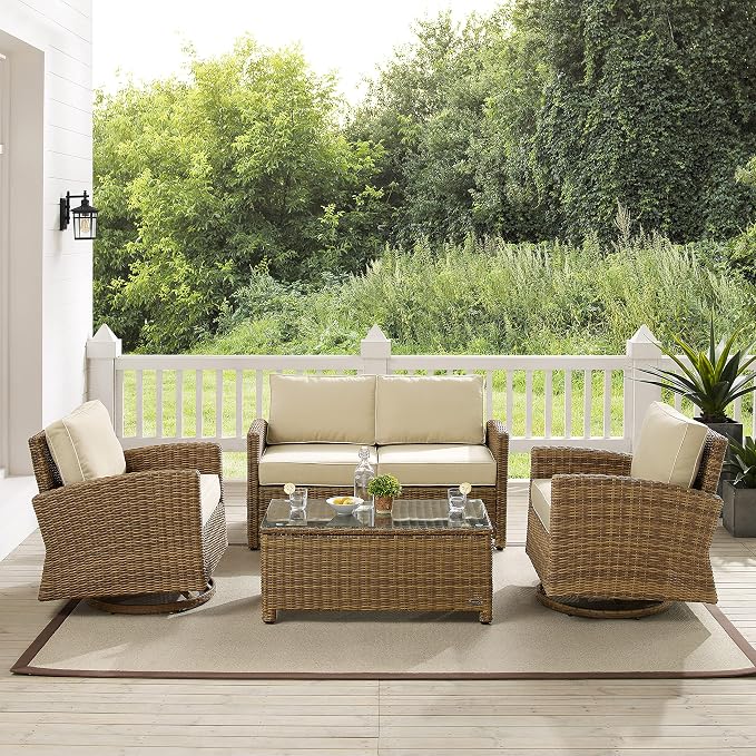 Crosley Furniture Bradenton 4-Piece Wicker Outdoor Loveseat and Swivel Rocker Patio Furniture Set for Porch, Brown with Sand Cushions