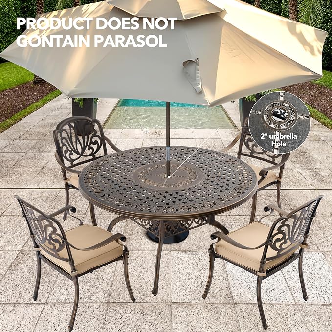5-Piece Cast Aluminum Outdoor Table and Chairs, Classic Vintage Patio Dining Set for 4 Include 54.5" Round Dining Table and 4 Chairs with Removable Cushion and Umbrella Hole