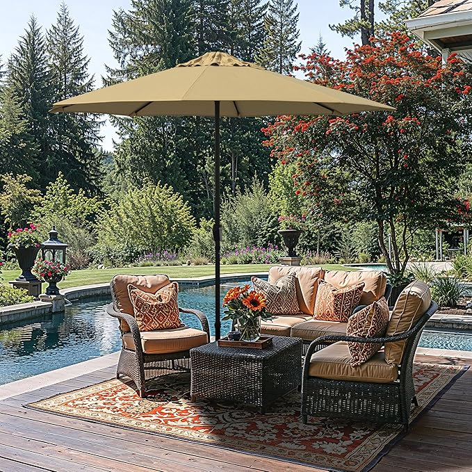 California Umbrella 8-Year Protection 9 Ft Outdoor Patio Umbrella, Solstice Fade-Resistant Fabric, Auto-Tilt, Heavy Duty Aluminum Frame, 8 Reinforced Ribs for Pool or Deck, Black Pole, Champagne