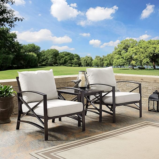 Crosley Furniture Kaplan 3-Piece Outdoor Chair and Side Table Set, Patio Conversation Sets for Porch, Deck, Oiled Bronze with Oatmeal Cushions