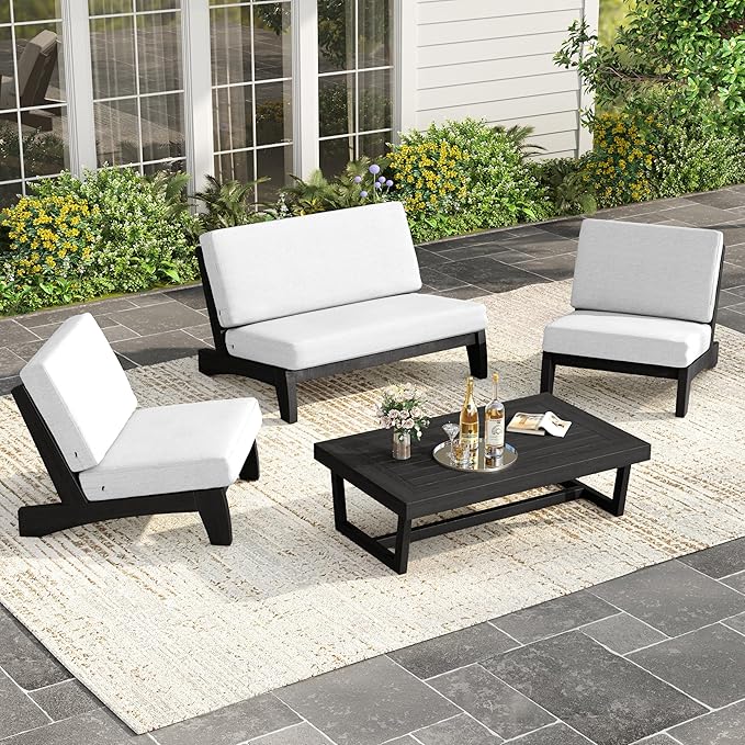 UIXE Black Wood Patio Furniture Sets, 4 Pieces All Weather Outdoor Sectional Futniture Patio Sofa Chair Backyard Conversation Set with Solid Wooden Coffee Table - Beige