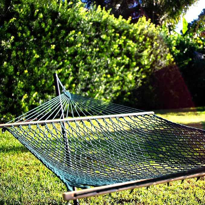 Bliss Hammocks BH-410GR 60in Wide Cotton Rope Hammock, Indoor Outdoor Poolside Patio Backyard Hammock, Includes Chains & Hooks, Eco Friendly Polyester, Hardwood Spreader, 450 Pound Capacity, Green