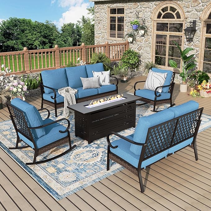Patio Furniture Set with Fire Pit Table, Metal Outdoor Conversation Set with 5.75'' Extra Thick Cushion, 2 Rocking Chairs, Loveseat Sofa, 3-Seat Sofa and Gas Fire Pit Table, Navy Blue