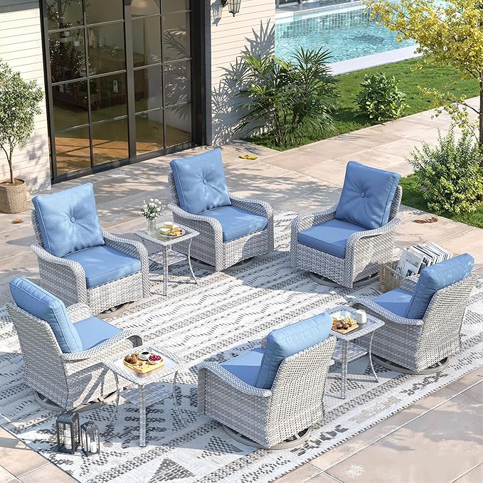 9 Piece Wicker Patio Furniture Set, Swivel Rocking Chairs with 4''Cushions, PE Rattan, Rust Resistant Frame, Double Layer Glass Side Table, for Backyard, Deck or Balcony, Navy