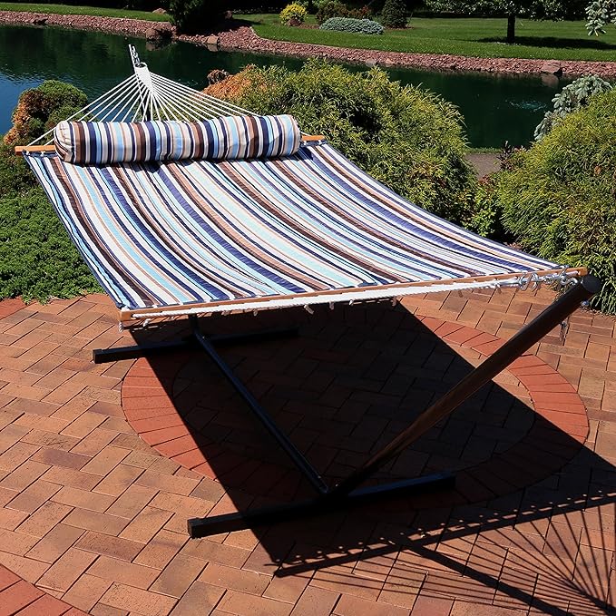 Sunnydaze Quilted Double Hammock with 12-Foot Stand and Pillow - 350-Pound Capacity - Black Stand - Ocean Isle