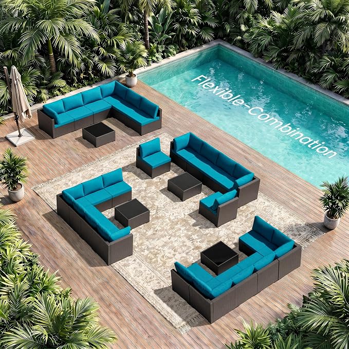 Patio Furniture Set - All-Weather - 7 Piece Patio Outdoor Conversation Set, Modular Wicker Rattan Sectional Sofa for Backyard, Garden, Poolside, Balcony, Porch, Patio,Black/Peacock Blue