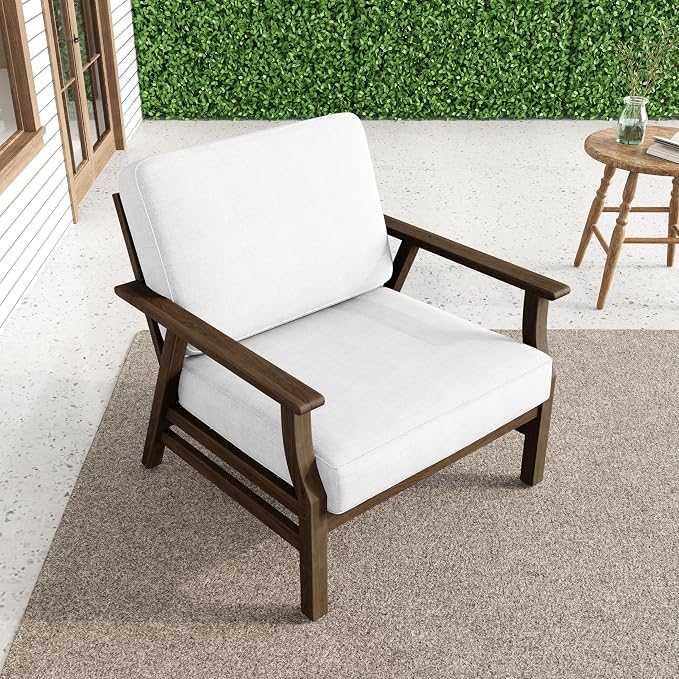 Wood Patio Chair Outdoor Bistro Set, 2 Piece Outdoor Armrest Chair All Weather Patio Sofa Furniture Backyard Conversation Sets with Cushions - Beige