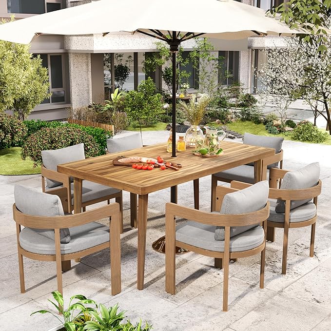 Merax 7 Piece Outdoor Patio Dining Set for 6, Patio Furniture Set with 6 Teak Finished Aluminum Dining Chair with Light Gray Cushions & Acacia Wood Table, Patio Conversation Set for Desk Garden