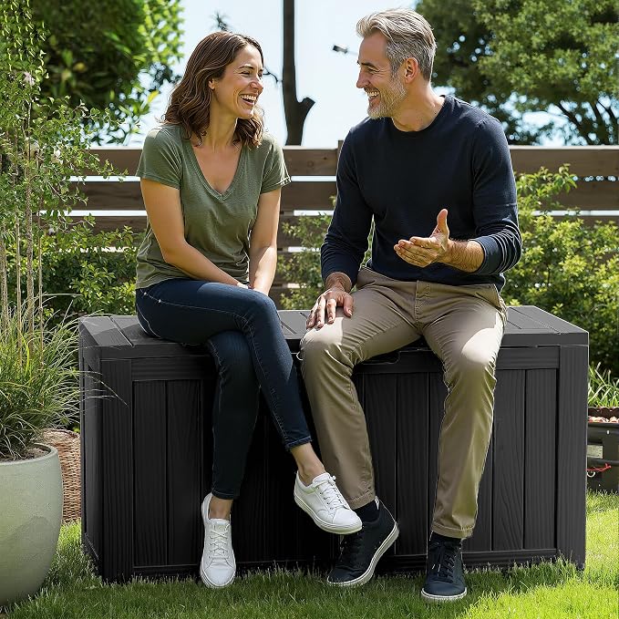 90 Gallon Waterproof Outdoor Deck Box, Lockable Resin Storage Container for Garden Tools, Patio Cushions & Picnic Supplies, Easy Assembly, Black