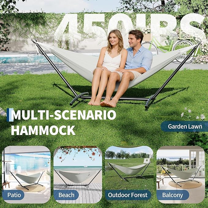 2 Person Hammocks with Stand for Outside, Double Hammocks Portable Space Saving Heavy-Duty Steel Stand for Indoor Outdoor Patio with Carrying Bag, 450 lbs Capacity