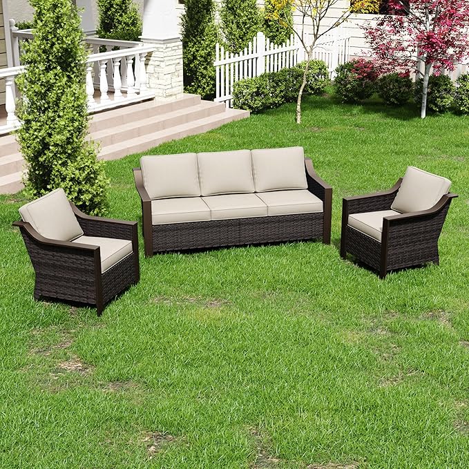 3 Pieces Outdoor Patio Conversation Furniture Set - 75" 3-seat Sofa | 2 Wicker Chairs, Metal Wicker Couch, Removable Cushions, PE Rattan, Metal armrests, Yard (Beige and Brown Stripe)