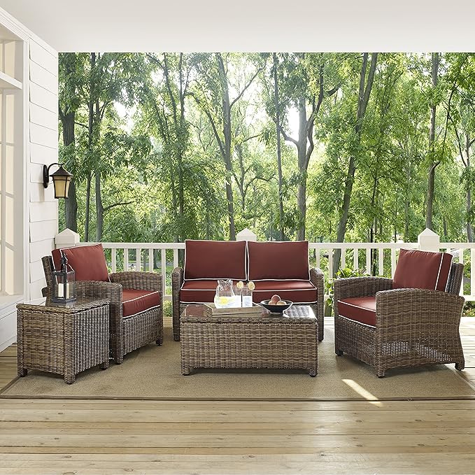 Crosley Furniture Bradenton 5-Piece Outdoor Loveseat Patio Furniture Set, Wicker Conversation Sets for Porch, Brown with Sangria Cushions