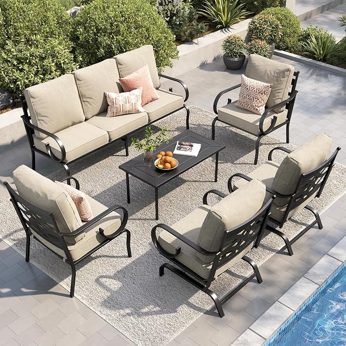 PHI VILLA Patio Furniture Set, 3-Seater Sofa, 2 Fixed Chairs, 2 Rocking Chairs and a Coffee Table, Outdoor Metal Conversation Set with 5.75" Extra Thick Cushion for Garden Backyard Deck, Beige