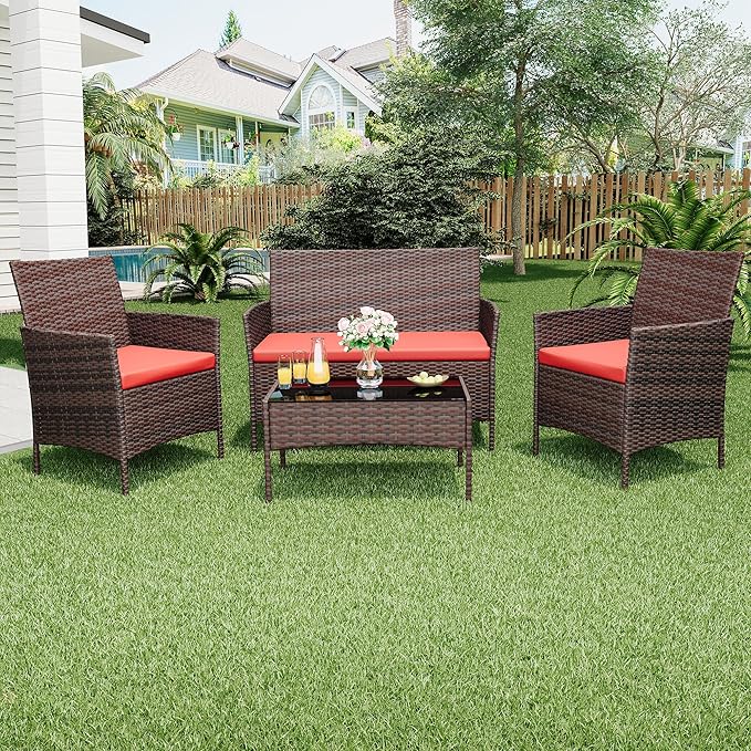 GAOMON 4 Piece Patio Furniture Set, Modern Patio Conversation Set with Glass Coffee Table, PE Wicker & Cushions for Poolside, Deck, Balcony, Brown & Red