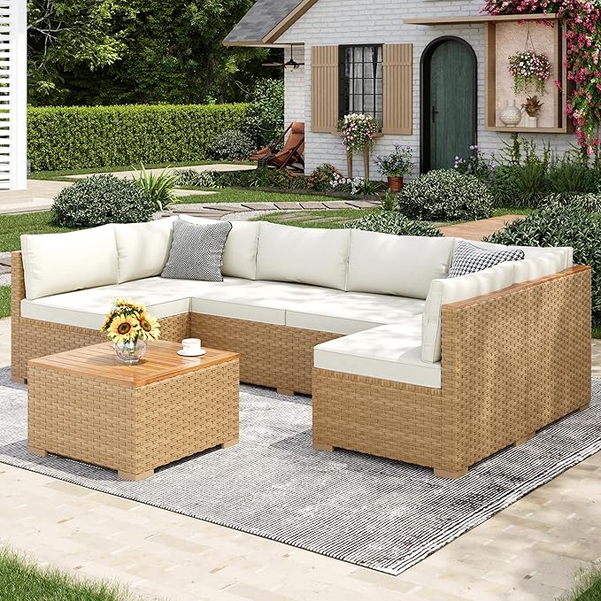 Wicker Outdoor Patio Furniture Set 7 Pieces Patio Chaise Longue Conversation Set, Rattan U-Shaped Sofa Couch with Acacia Wood Coffee Table for Deck Porch and Garden