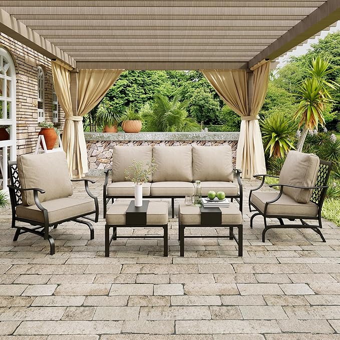 Patio Furniture Set 5 pcs, Outdoor Patio Furniture Set, 3-Seat Sofa, 2 Rocking Chairs, 2 Ottomans and 5.75" Extra Thick Cushion, Patio Conversation Set for Garden Backyard Deck,Beige