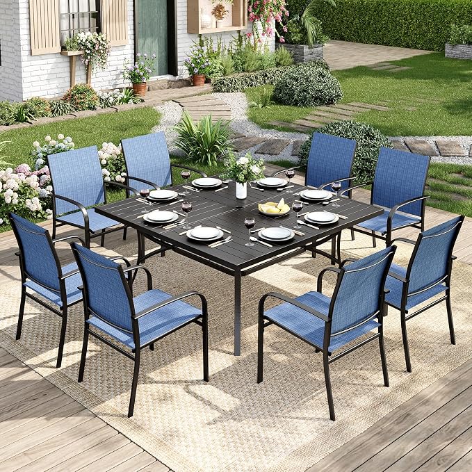 MIXPATIO 9 Pieces Patio Table and Chairs Set, Patio Dining Set for 8, 8 Blue Textilene Chairs and 1 Large Square Patio Dining Table with Umbrella Hole, for Deck Backyard Lawn Poolside